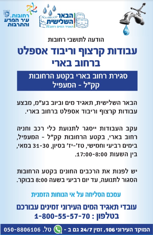 עבודות ברחוב בארי וסגירת הרחוב בקטע הרחובות קקל המעפיל